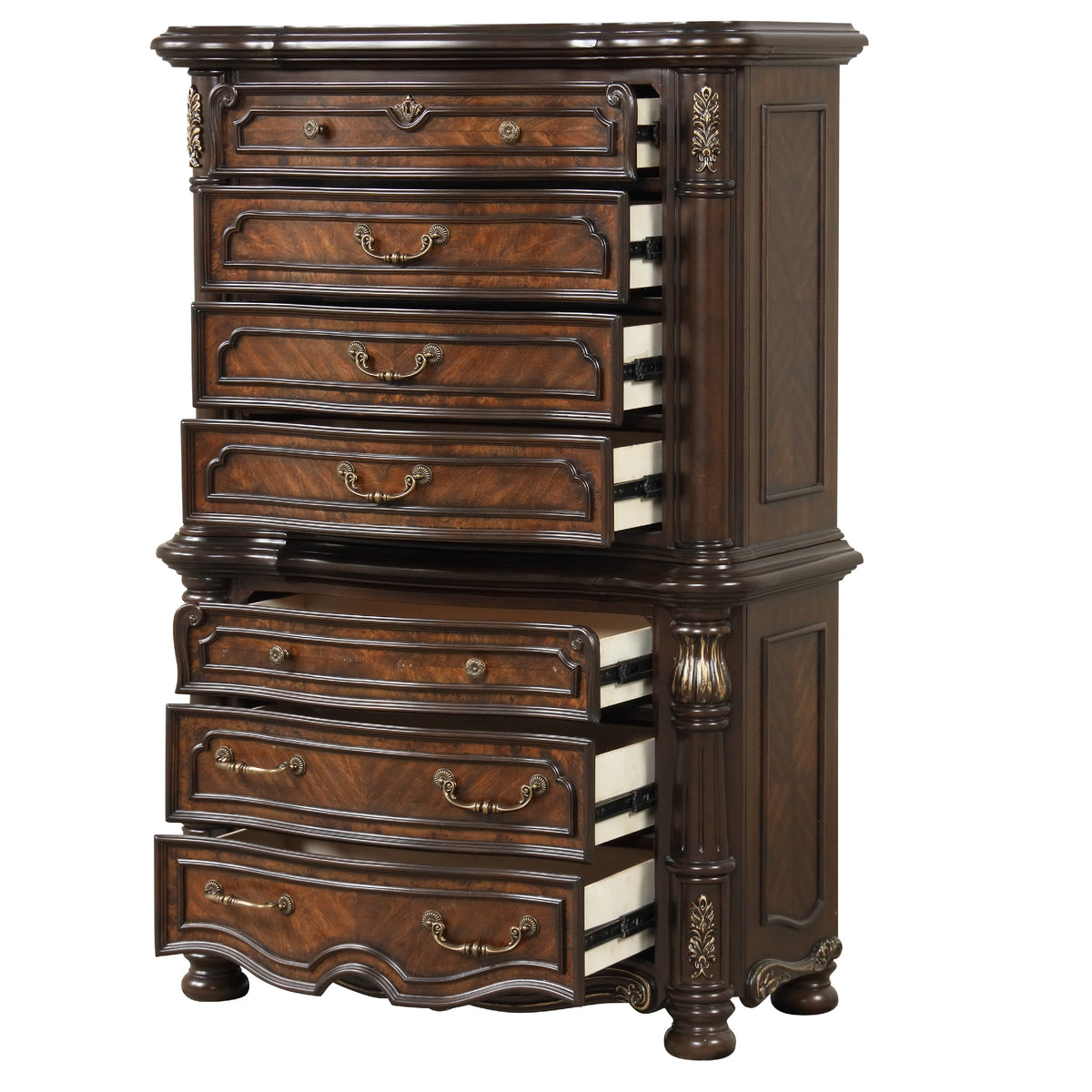 Ruth Tall Dresser Chest with Burl Inlays, 7 Drawers, Mahogany Brown Wood