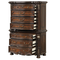 Ruth Tall Dresser Chest with Burl Inlays, 7 Drawers, Mahogany Brown Wood