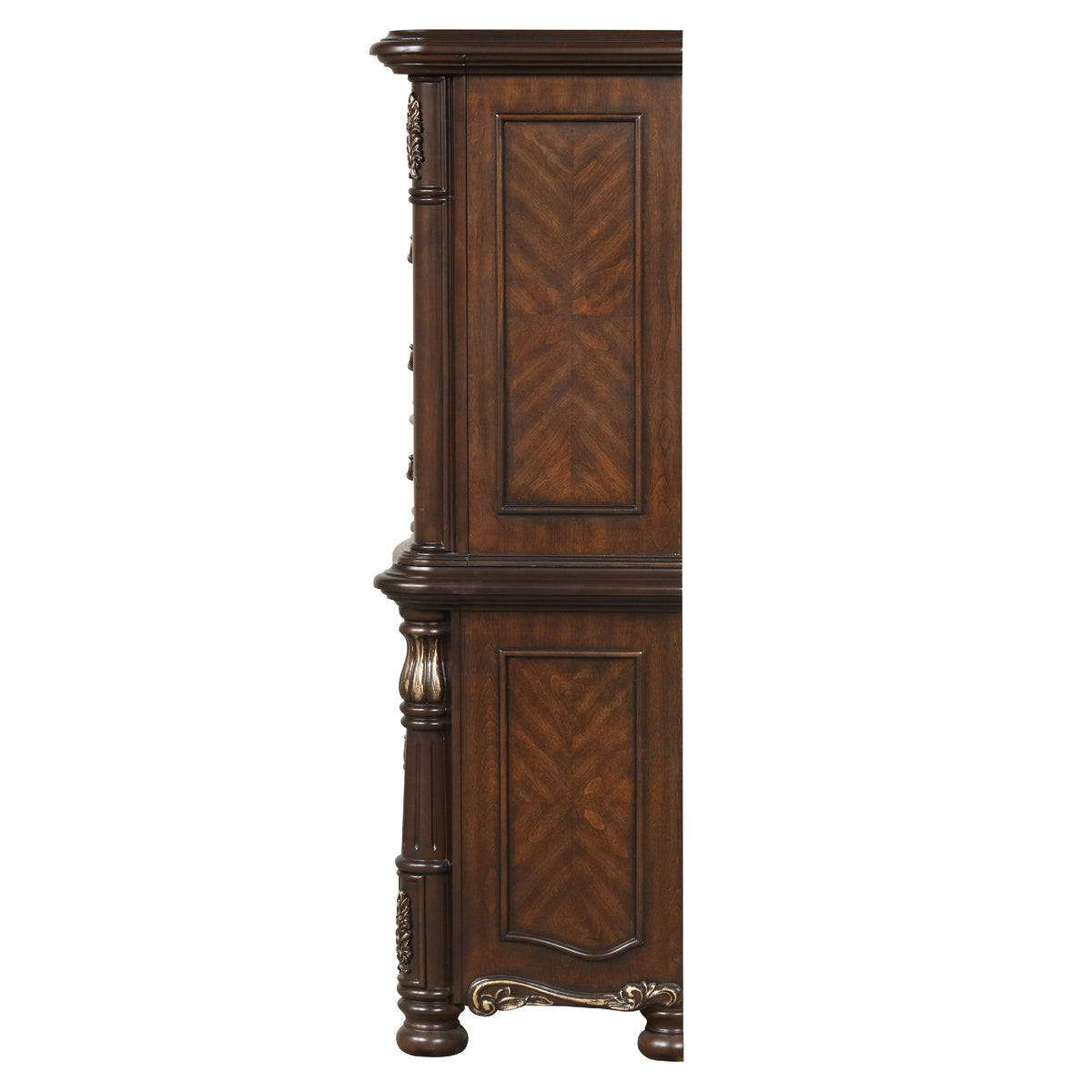 Ruth Tall Dresser Chest with Burl Inlays, 7 Drawers, Mahogany Brown Wood