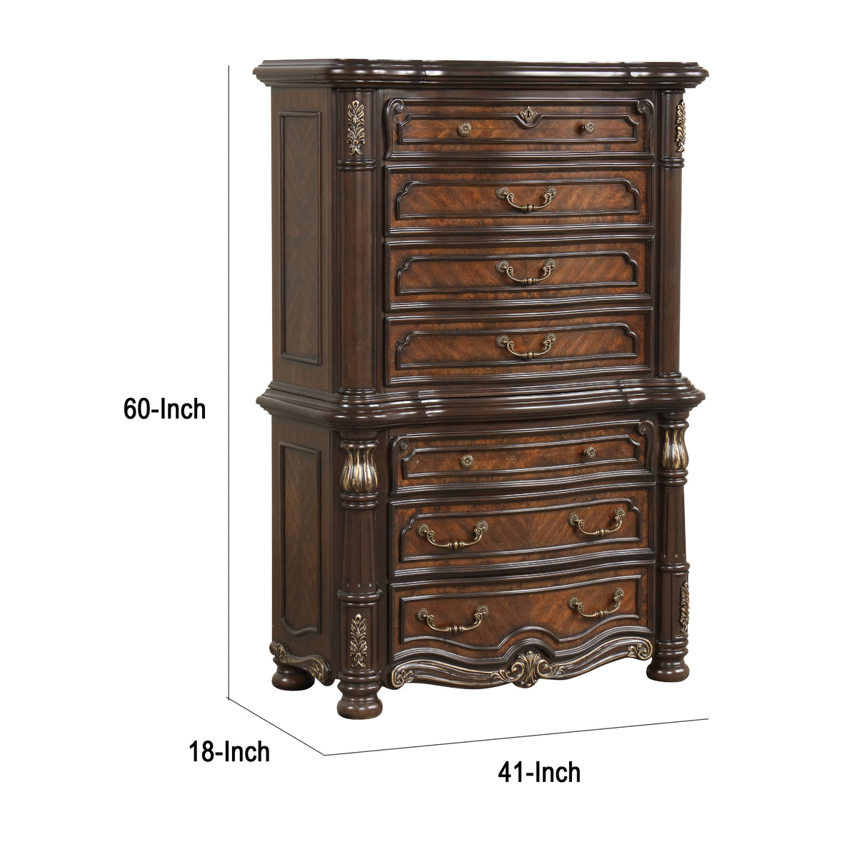 Ruth Tall Dresser Chest with Burl Inlays, 7 Drawers, Mahogany Brown Wood