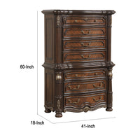 Ruth Tall Dresser Chest with Burl Inlays, 7 Drawers, Mahogany Brown Wood