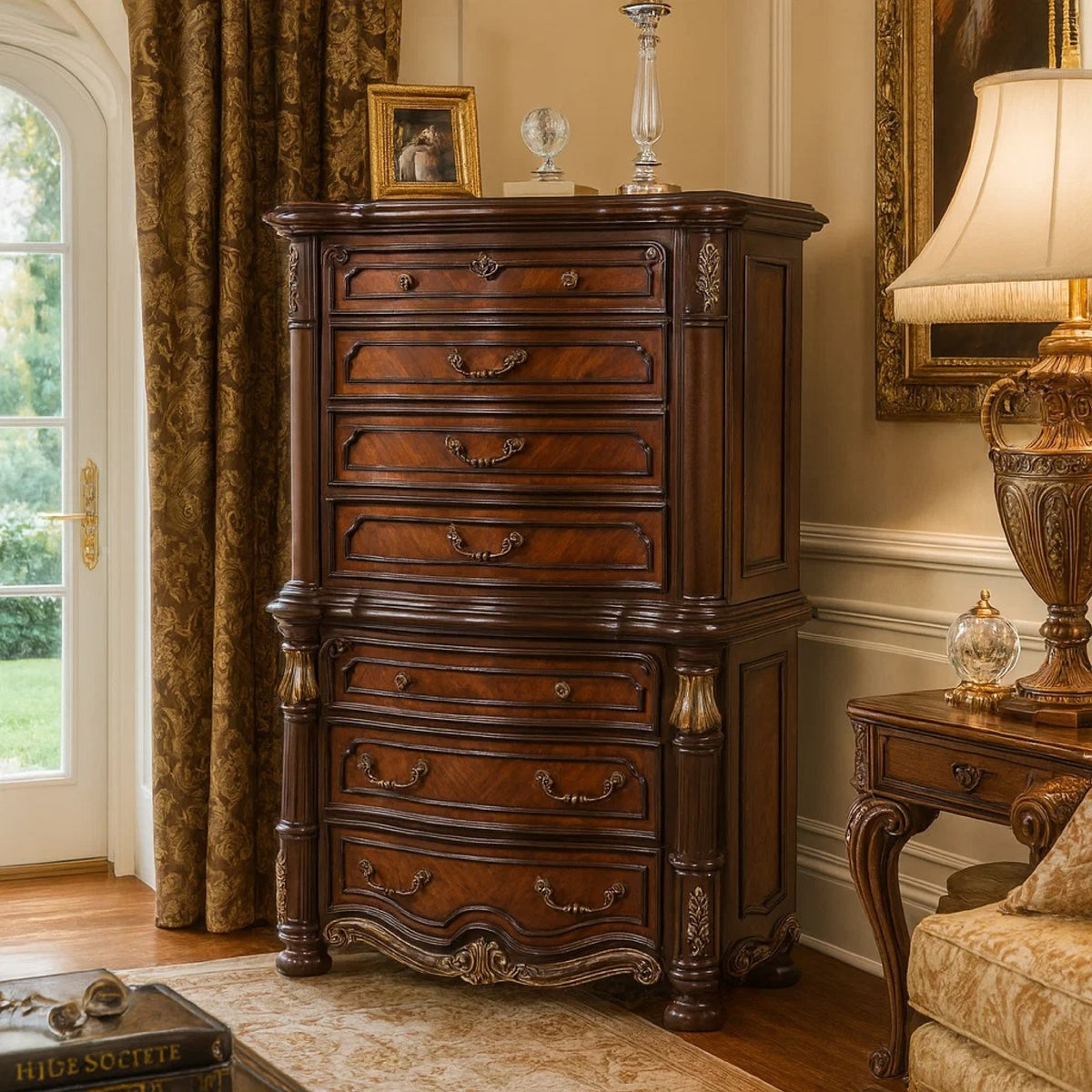 Ruth Tall Dresser Chest with Burl Inlays, 7 Drawers, Mahogany Brown Wood