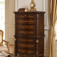 Ruth Tall Dresser Chest with Burl Inlays, 7 Drawers, Mahogany Brown Wood