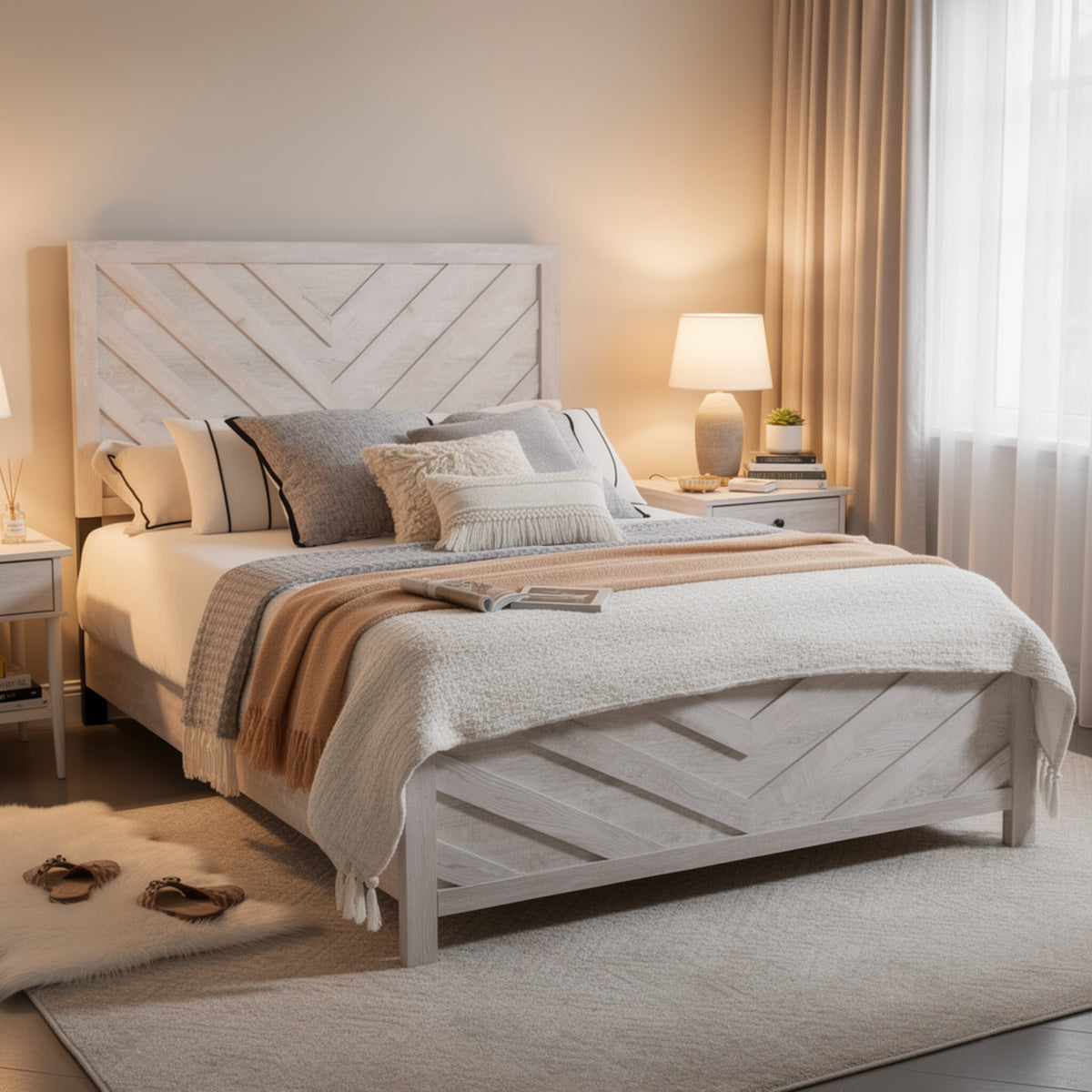 Bisca Cali King Bed with Chevron Patterned Design, Driftwood Gray Finish