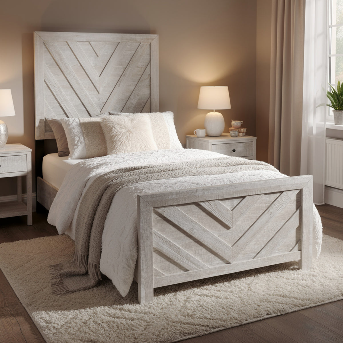 Bisca Full Bed with Chevron Patterned Design, Driftwood Gray Finish