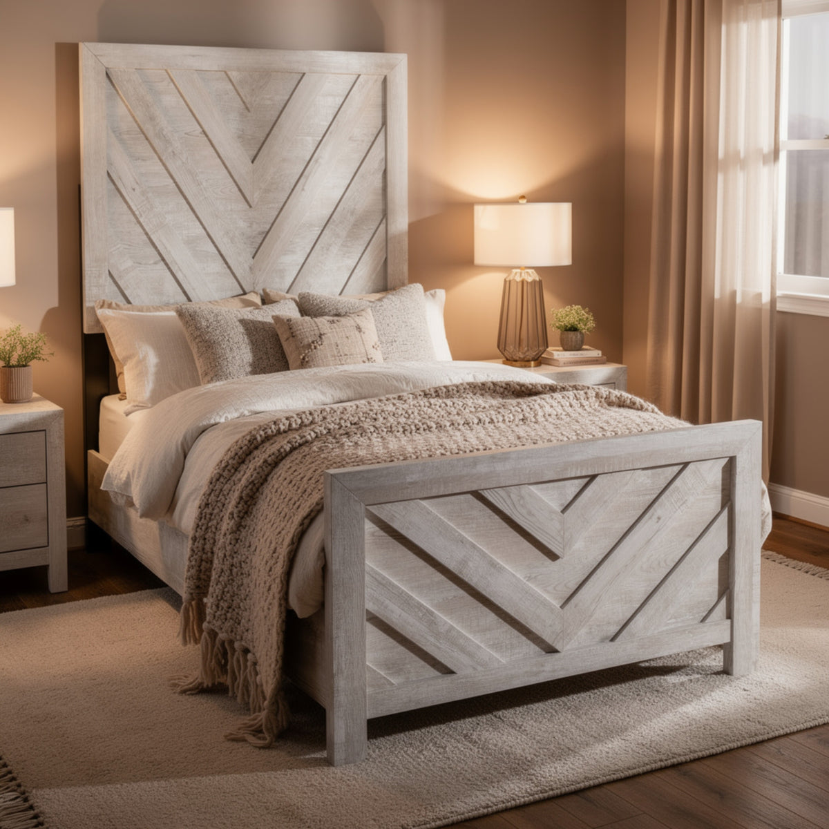 Bisca Full Bed with Chevron Patterned Design, Driftwood Gray Finish