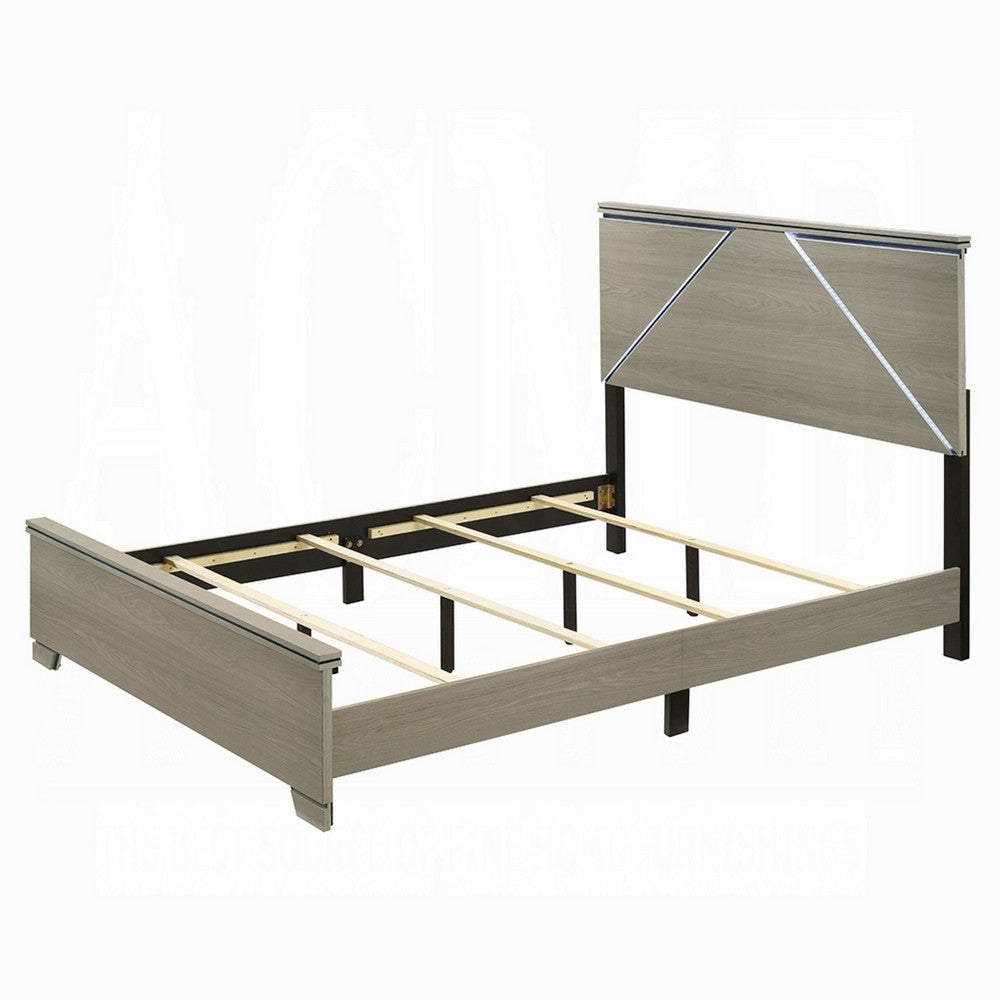 Anna Queen Bed, Panel Headboard with LED, Weathered Gray Wood, Modern Style - BM348516
