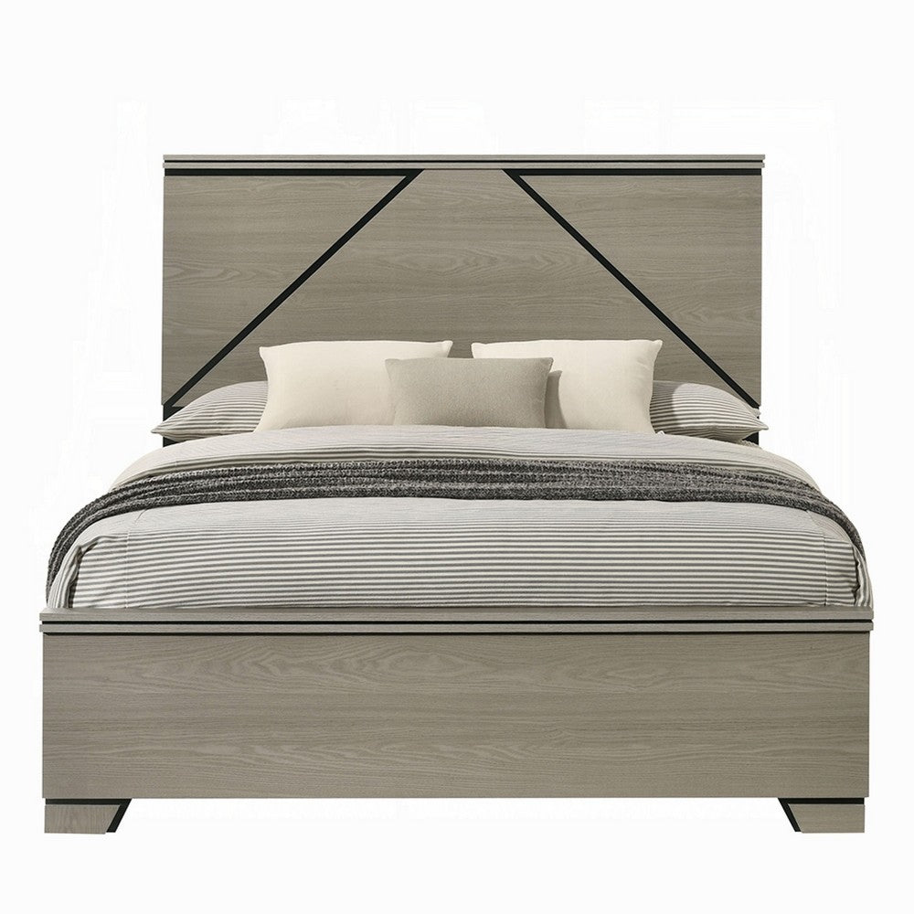 Anna Queen Bed, Panel Headboard with LED, Weathered Gray Wood, Modern Style - BM348516