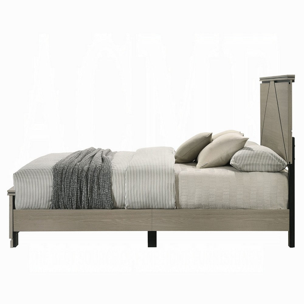 Anna Queen Bed, Panel Headboard with LED, Weathered Gray Wood, Modern Style - BM348516