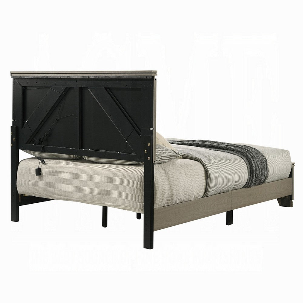Anna Queen Bed, Panel Headboard with LED, Weathered Gray Wood, Modern Style - BM348516