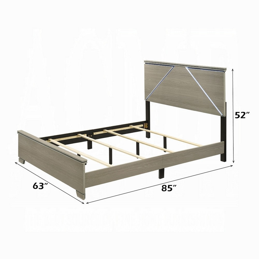 Anna Queen Bed, Panel Headboard with LED, Weathered Gray Wood, Modern Style - BM348516