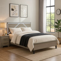 Anna Queen Bed, Panel Headboard with LED, Weathered Gray Wood, Modern Style - BM348516