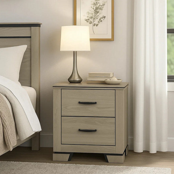 Anna Nightstand with 2 Drawers, Weathered Gray Wood, Black Metal Accents - BM348517
