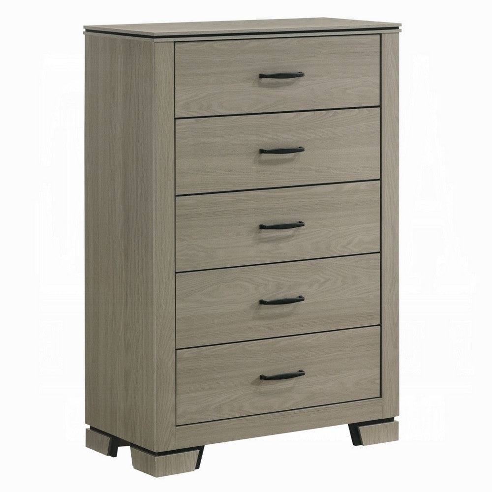 Anna 5 Drawer Tall Dresser Chest, Weathered Gray, Black Metal Accents - BM348519