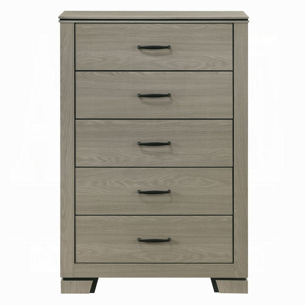 Anna 5 Drawer Tall Dresser Chest, Weathered Gray, Black Metal Accents - BM348519
