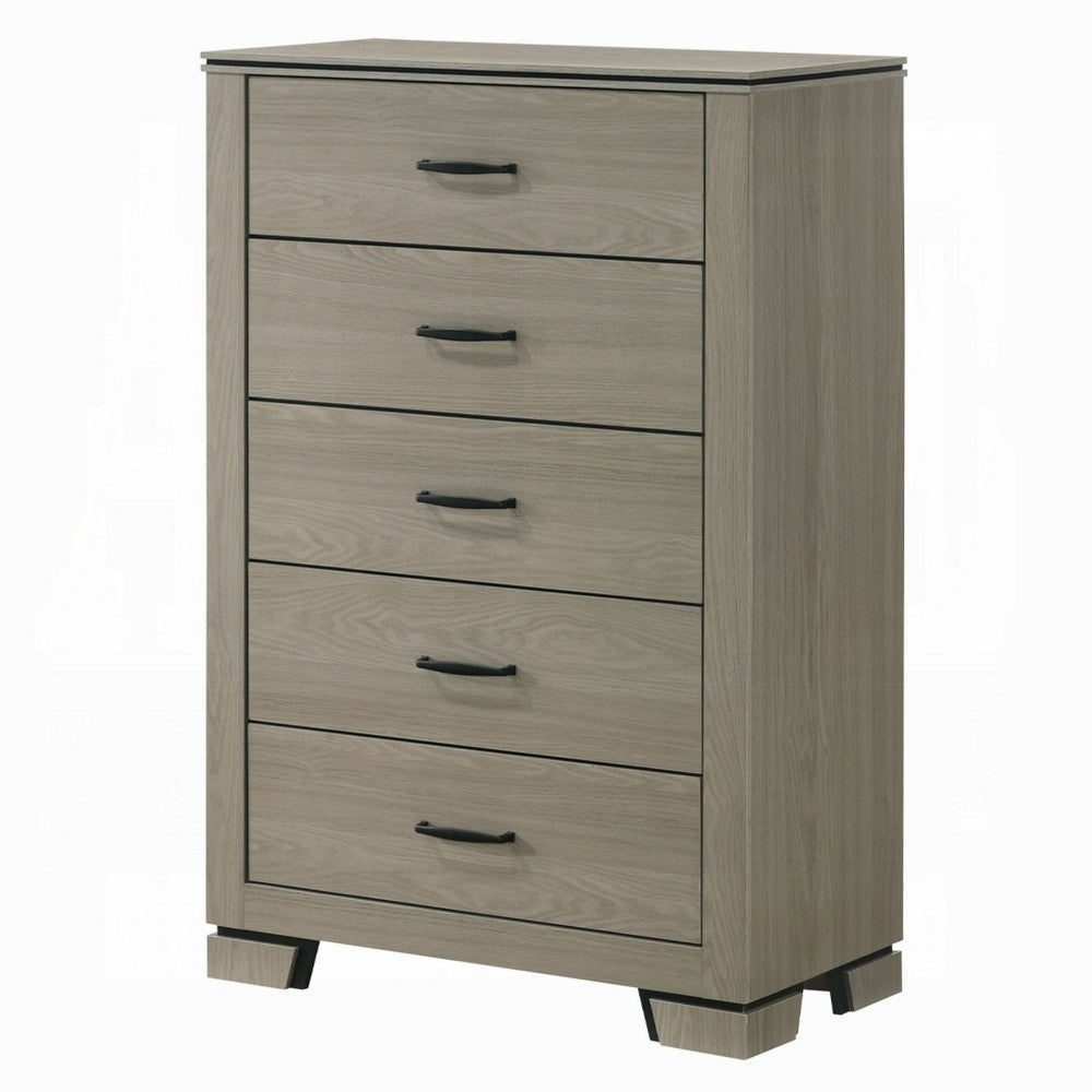 Anna 5 Drawer Tall Dresser Chest, Weathered Gray, Black Metal Accents - BM348519
