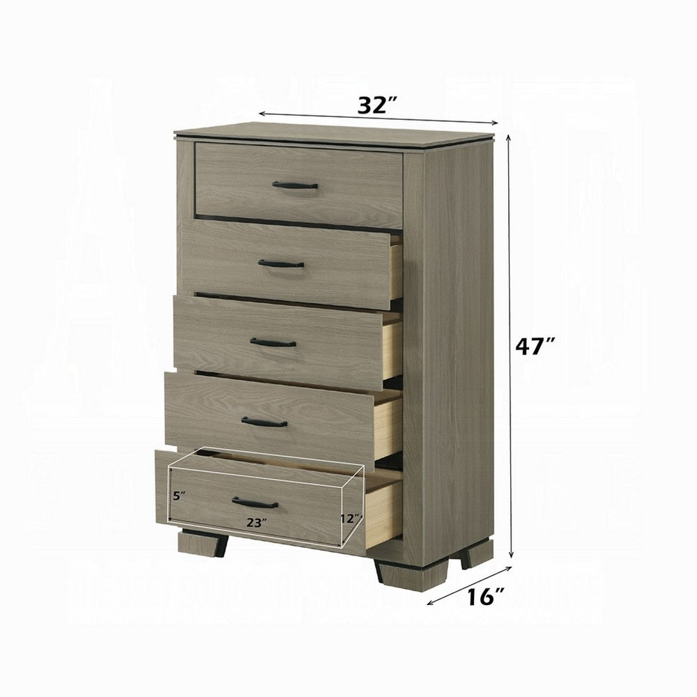 Anna 5 Drawer Tall Dresser Chest, Weathered Gray, Black Metal Accents - BM348519