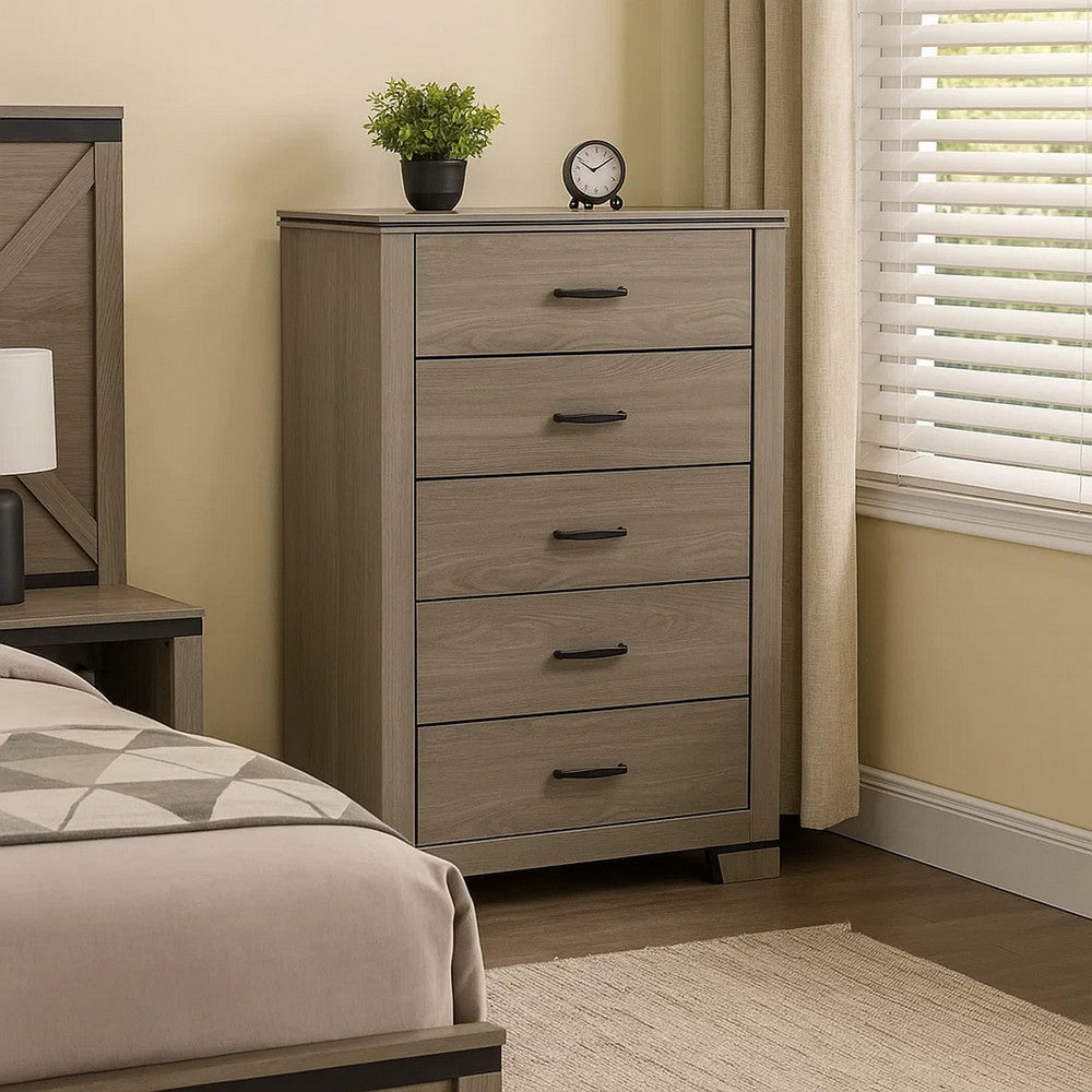 Anna 5 Drawer Tall Dresser Chest, Weathered Gray, Black Metal Accents - BM348519