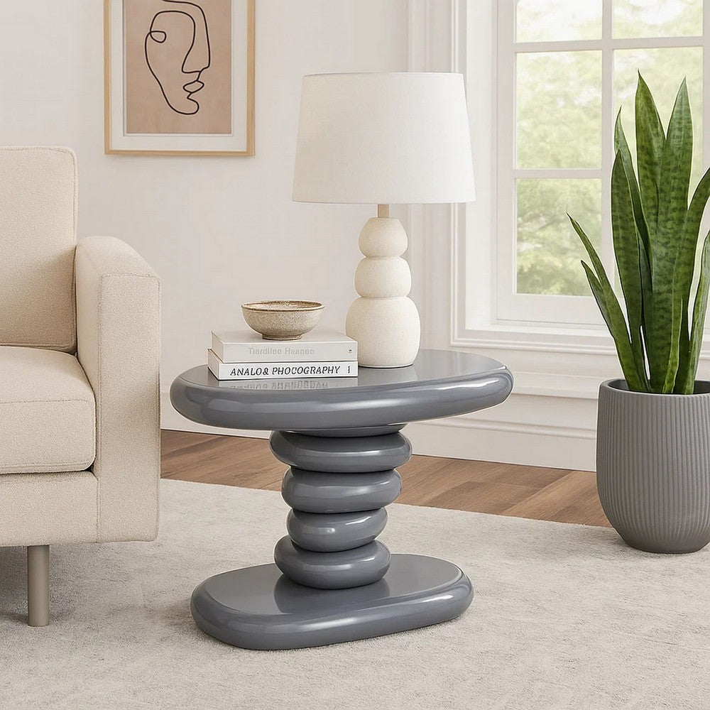 Fory End Table, 22 Inch Asymmetric Stacked Pebble Base, High Gloss Gray - BM348520