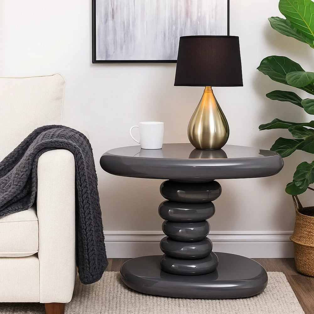 Fory End Table, 22 Inch Asymmetric Stacked Pebble Base, High Gloss Gray - BM348520
