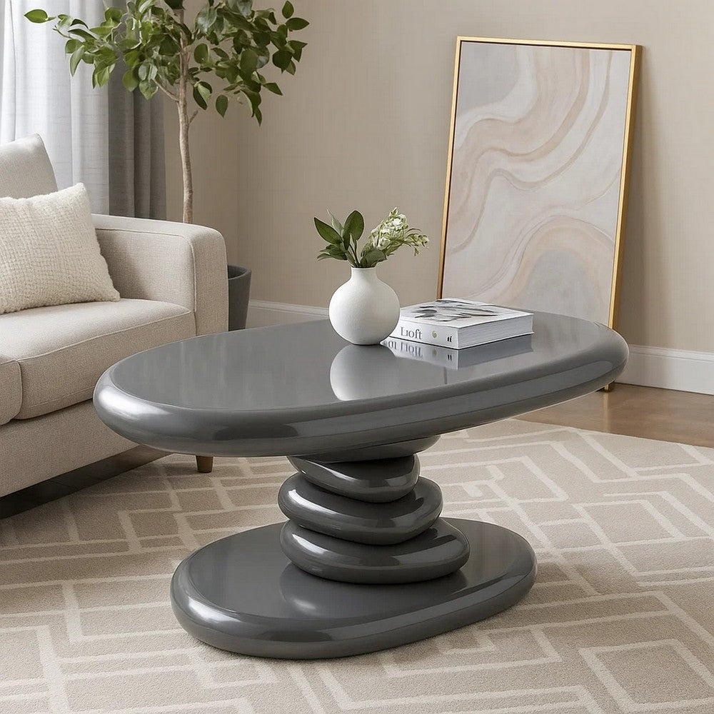 Fory End Table, 30 Inch Asymmetric Stacked Pebble Base, High Gloss Gray - BM348521