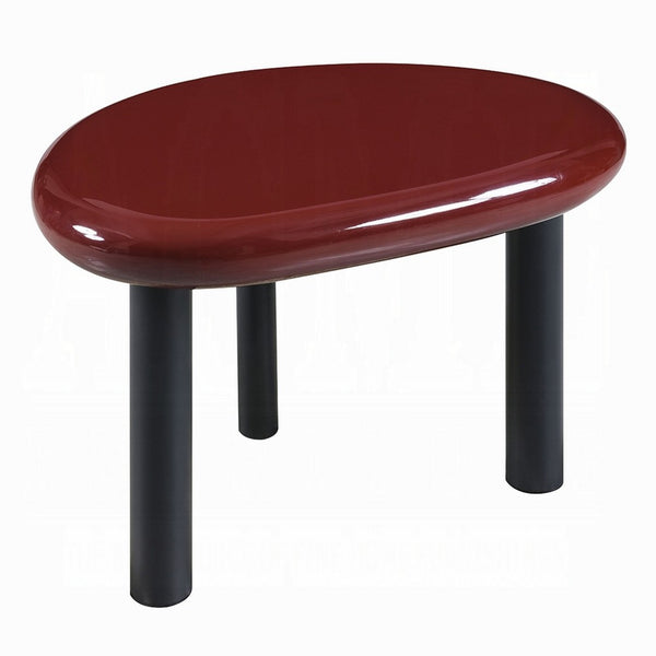 Endy End Table, 21 Inch Asymmetric Red High Gloss, 3 Round Metal Legs - BM348523