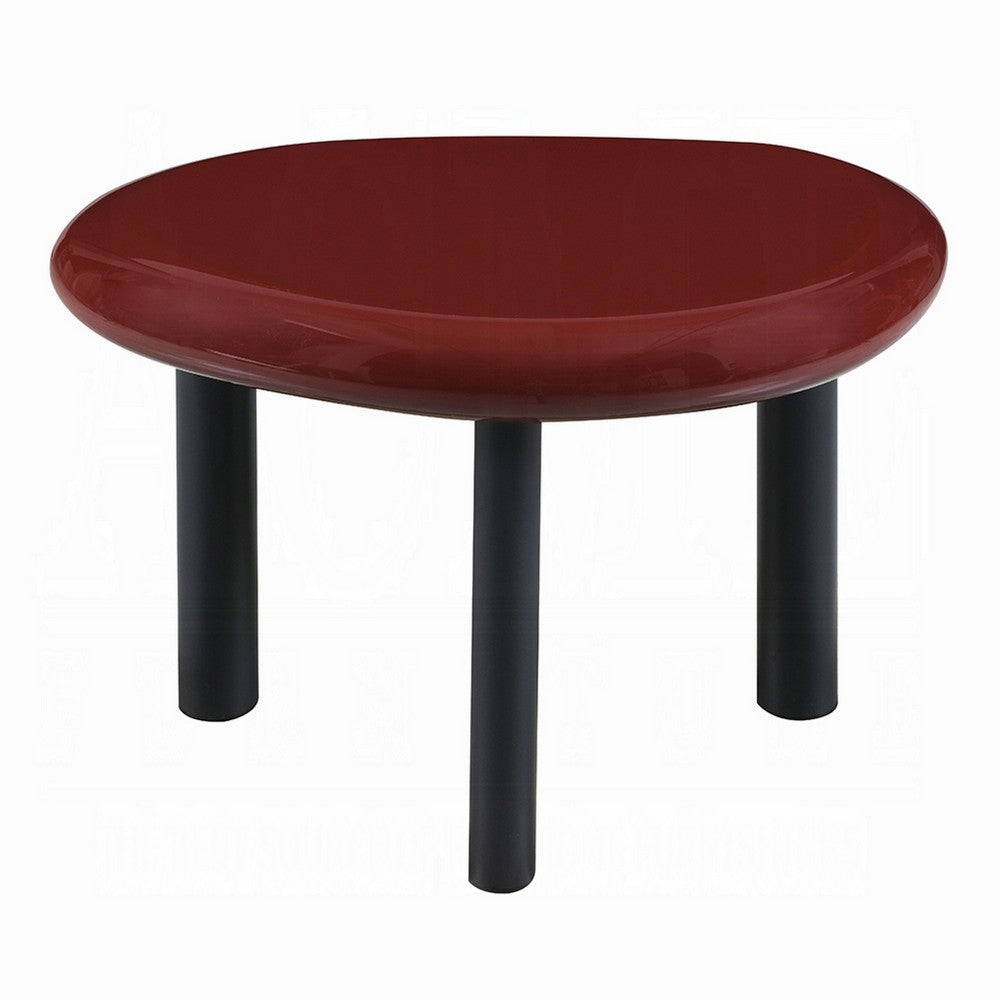Endy End Table, 21 Inch Asymmetric Red High Gloss, 3 Round Metal Legs - BM348523
