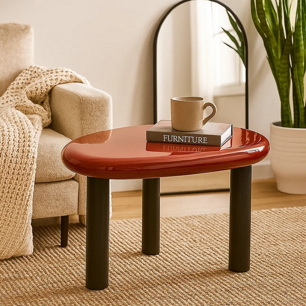 Endy End Table, 21 Inch Asymmetric Red High Gloss, 3 Round Metal Legs - BM348523