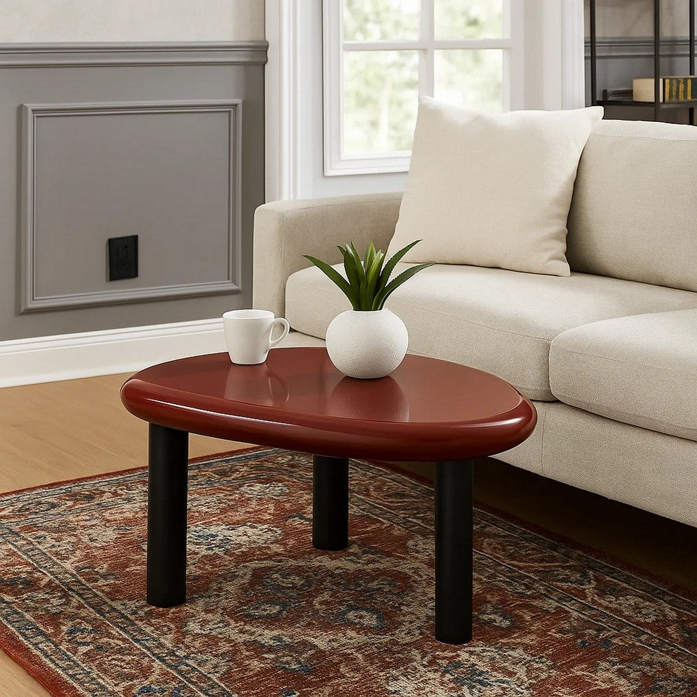 Endy End Table, 21 Inch Asymmetric Red High Gloss, 3 Round Metal Legs - BM348523