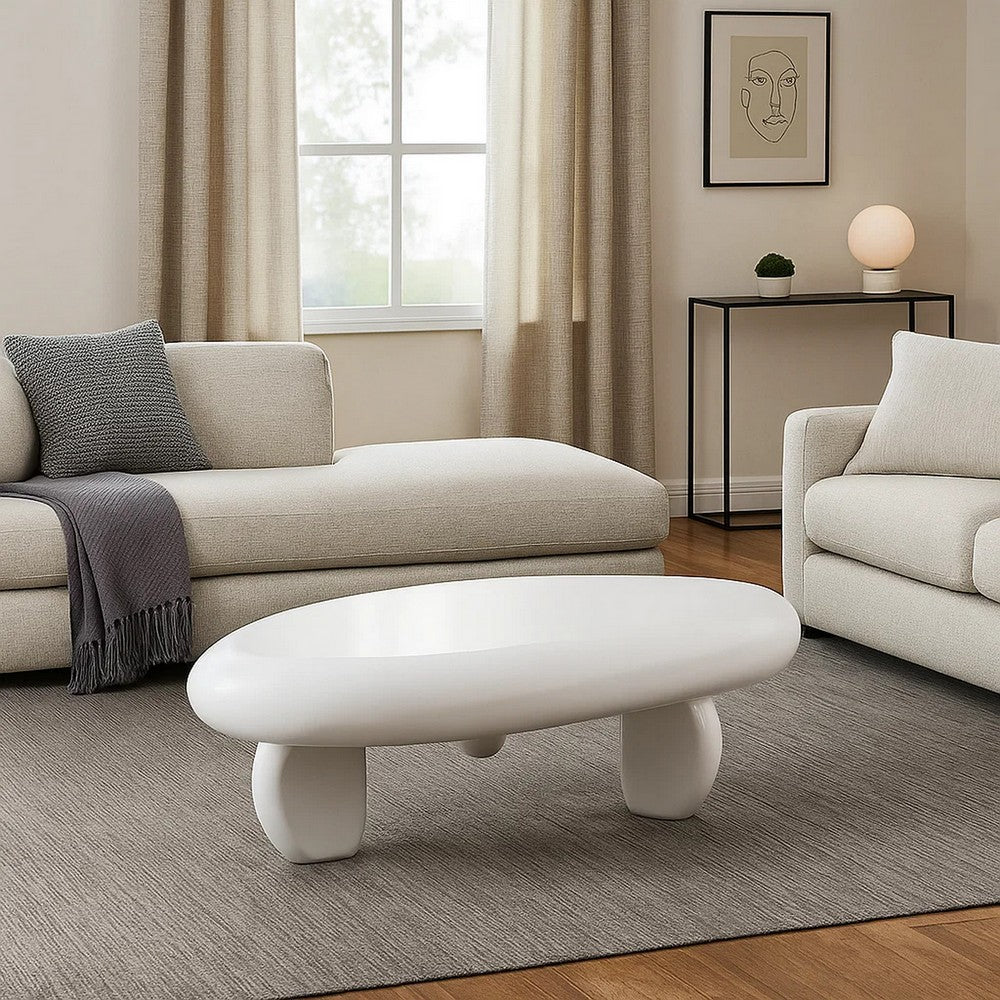 Vayu Coffee Table, 30 Inch Asymmetric Pebble Design, High Gloss White - BM348524