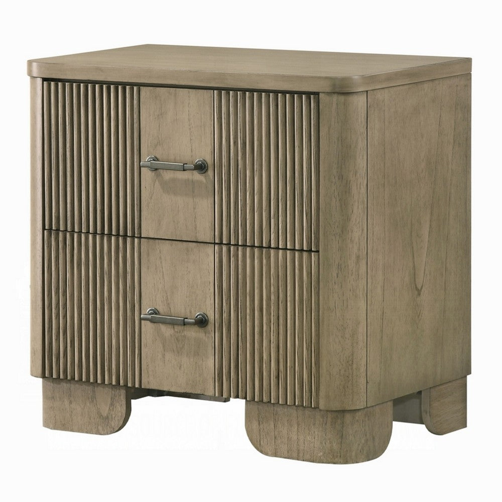 Leky Nightstand, 2 Reeded Drawers, Rounded Corners, Antique Oak Brown - BM348526