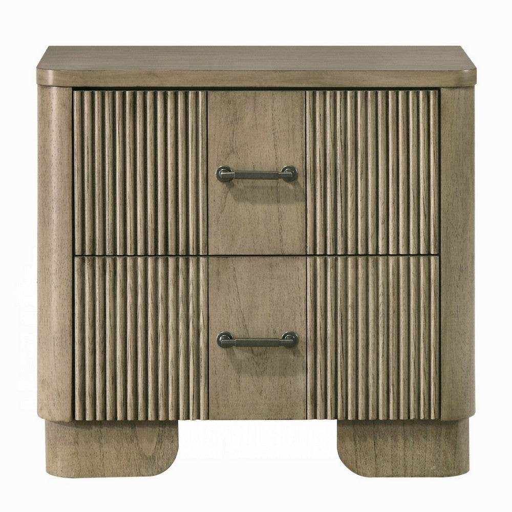 Leky Nightstand, 2 Reeded Drawers, Rounded Corners, Antique Oak Brown - BM348526