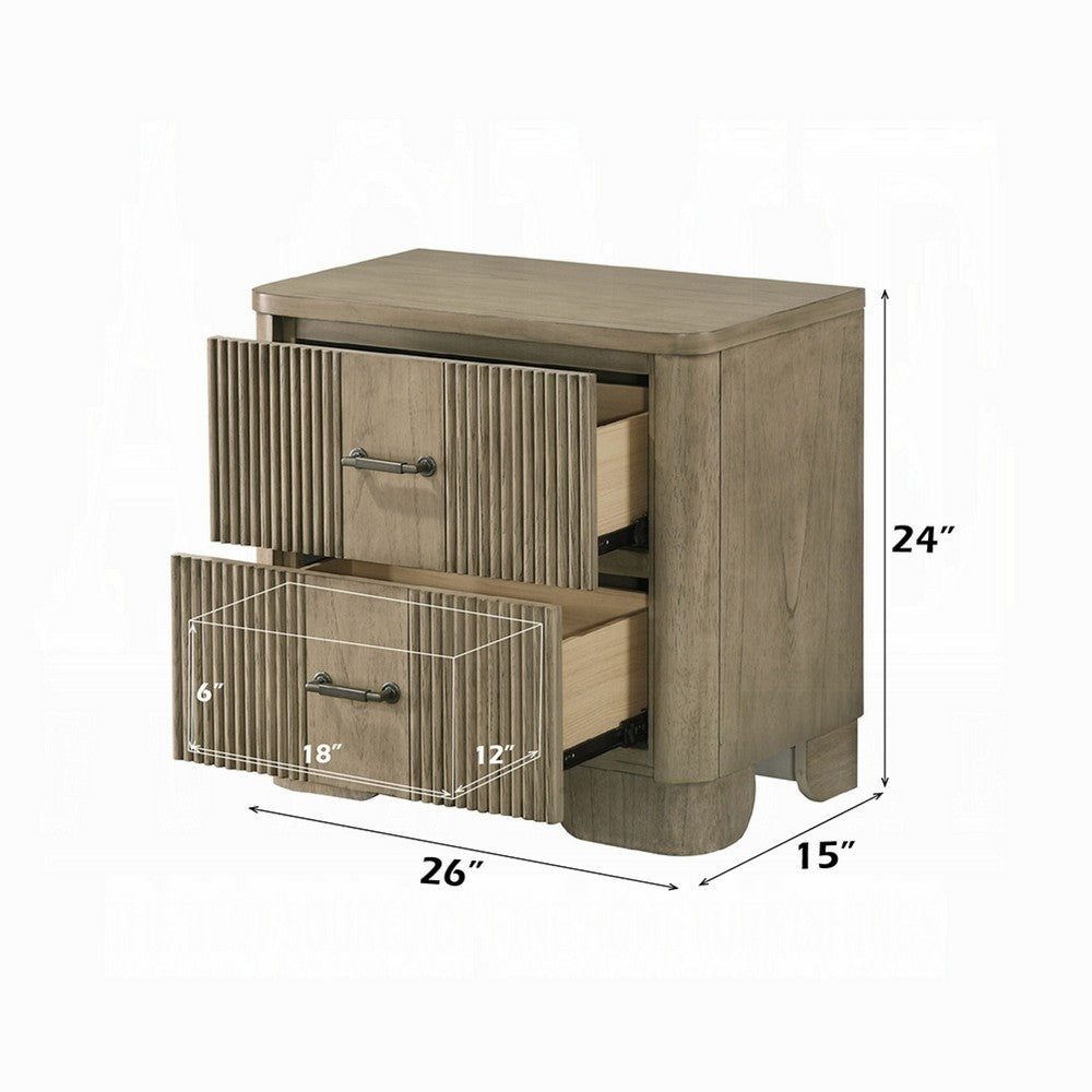 Leky Nightstand, 2 Reeded Drawers, Rounded Corners, Antique Oak Brown - BM348526