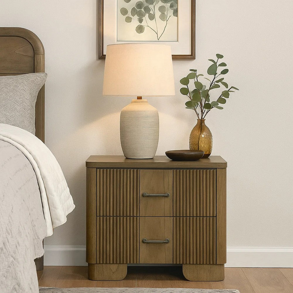 Leky Nightstand, 2 Reeded Drawers, Rounded Corners, Antique Oak Brown - BM348526