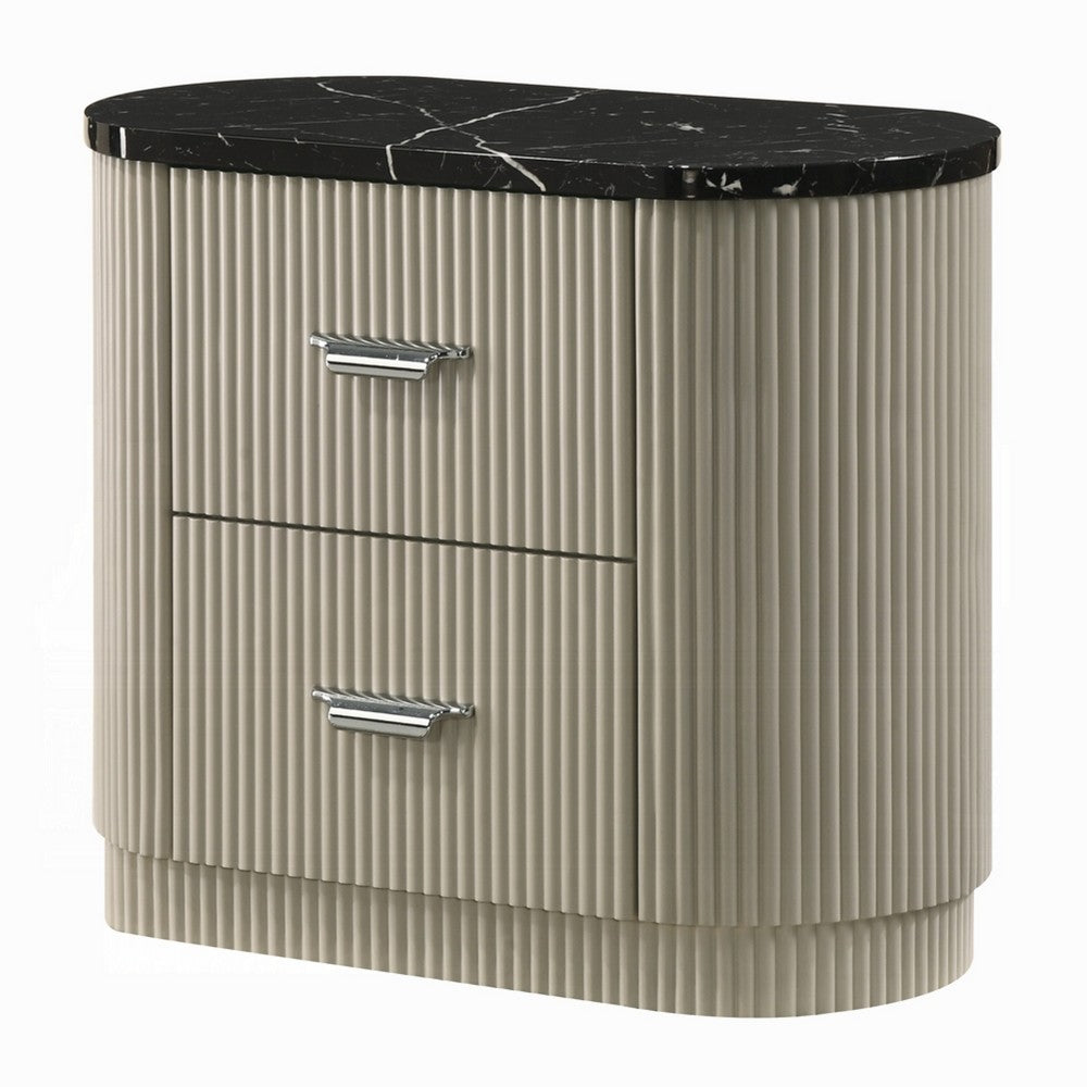 Trex Nightstand, 2 Reeded Drawers with Black Faux Marble Oval Top, Beige - BM348529