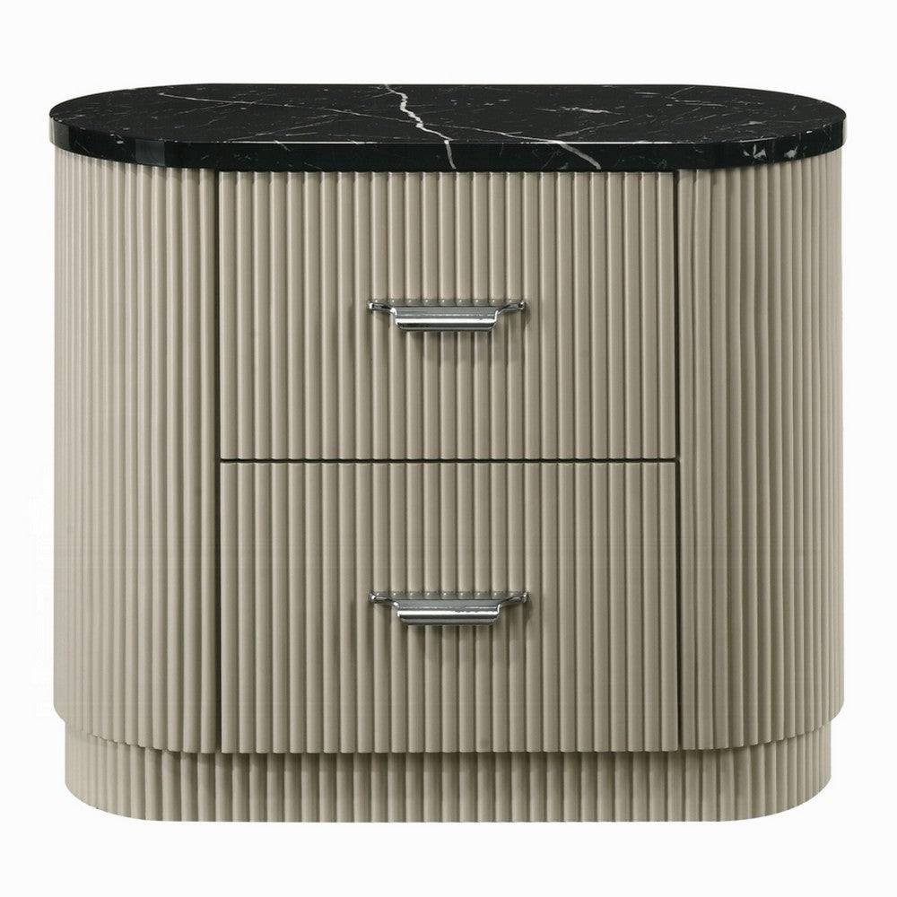 Trex Nightstand, 2 Reeded Drawers with Black Faux Marble Oval Top, Beige - BM348529