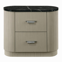 Trex Nightstand, 2 Reeded Drawers with Black Faux Marble Oval Top, Beige - BM348529