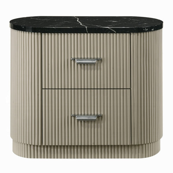 Trex Nightstand, 2 Reeded Drawers with Black Faux Marble Oval Top, Beige - BM348529