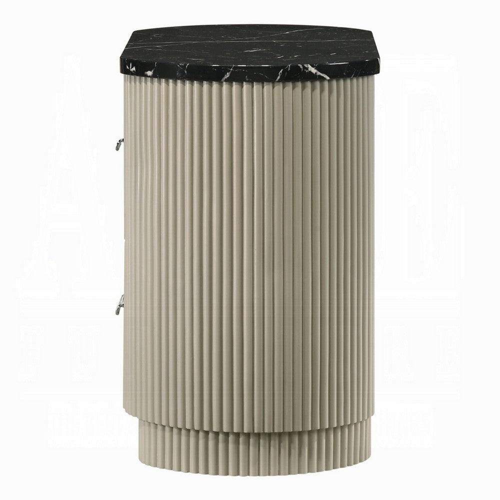 Trex Nightstand, 2 Reeded Drawers with Black Faux Marble Oval Top, Beige - BM348529