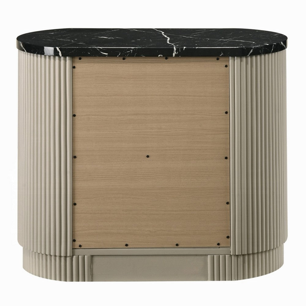 Trex Nightstand, 2 Reeded Drawers with Black Faux Marble Oval Top, Beige - BM348529