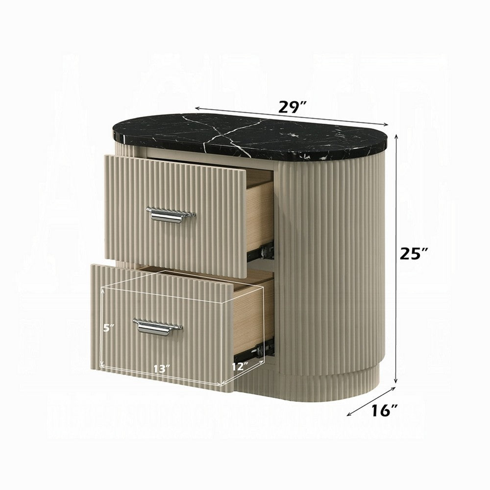 Trex Nightstand, 2 Reeded Drawers with Black Faux Marble Oval Top, Beige - BM348529