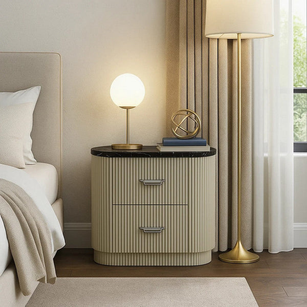 Trex Nightstand, 2 Reeded Drawers with Black Faux Marble Oval Top, Beige - BM348529
