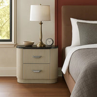 Trex Nightstand, 2 Reeded Drawers with Black Faux Marble Oval Top, Beige - BM348529