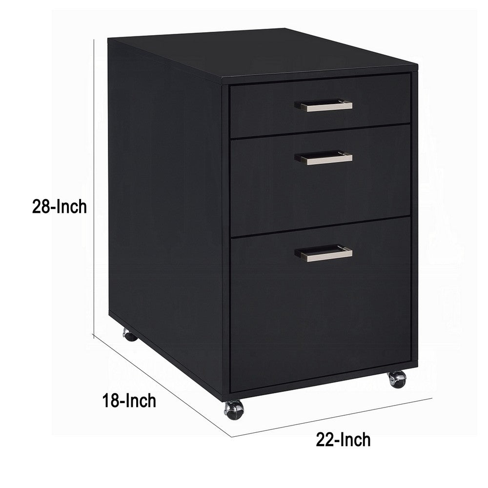 Bard File Cabinet, 3 Drawers with Chrome Metal Handles, Black High Gloss - BM348541