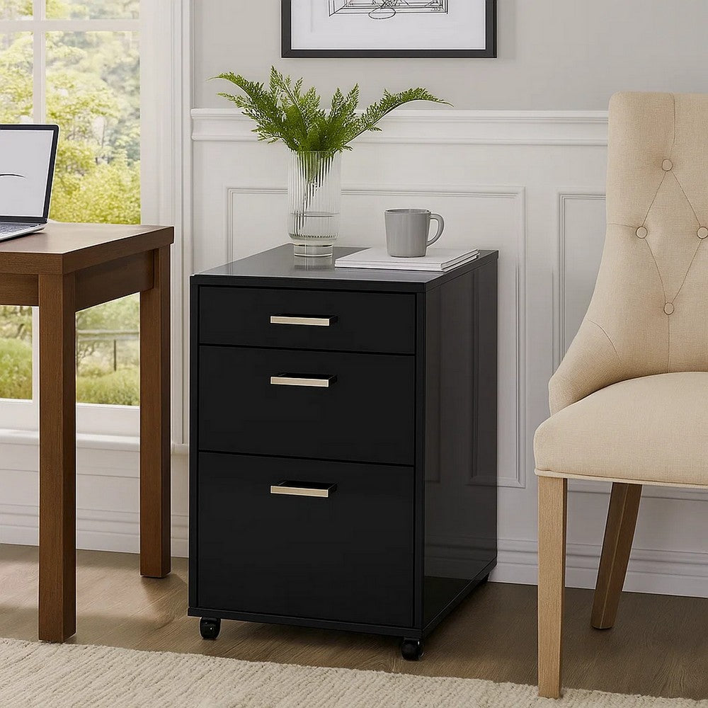 Bard File Cabinet, 3 Drawers with Chrome Metal Handles, Black High Gloss - BM348541