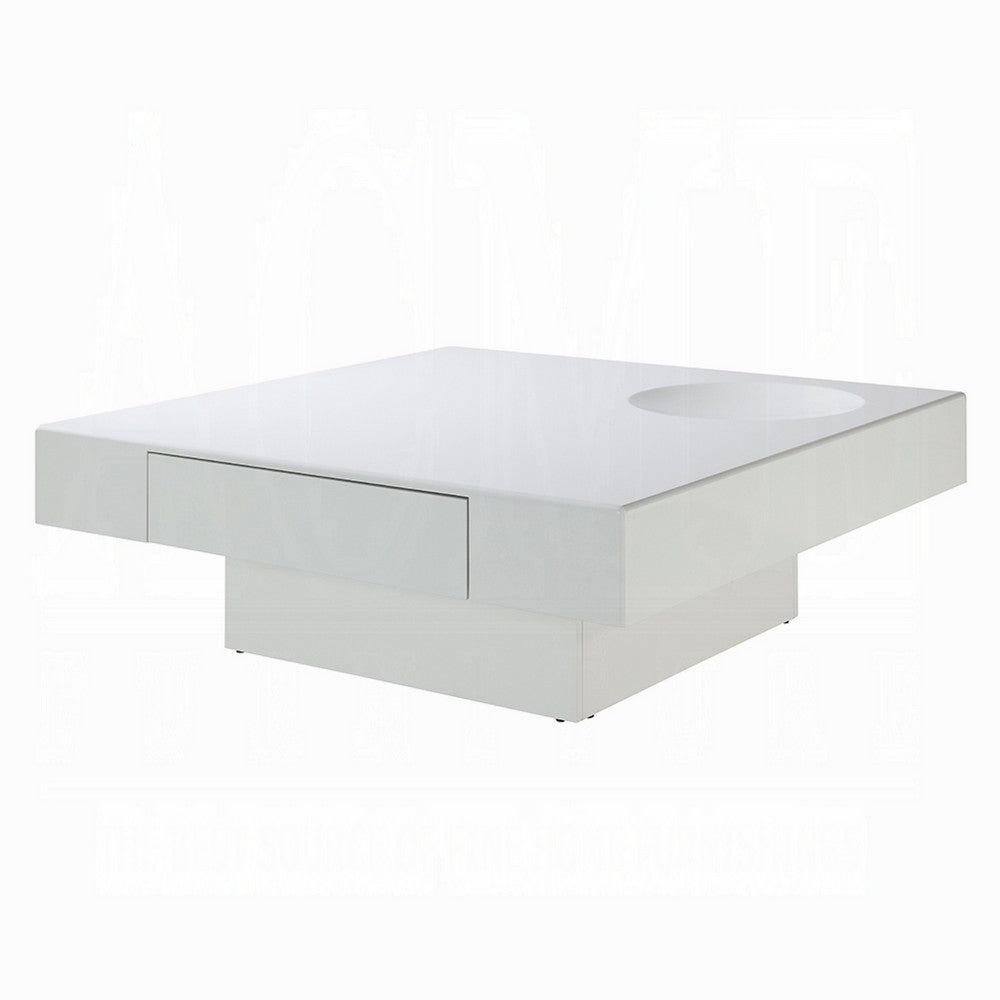 Keya Coffee Table, 43 Inch Square Plinth Top, High Gloss White Finish - BM348549