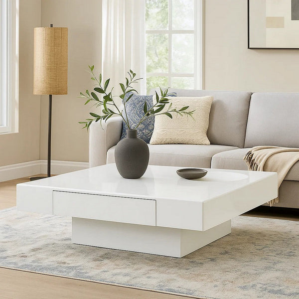 Keya Coffee Table, 43 Inch Square Plinth Top, High Gloss White Finish - BM348549