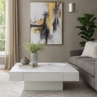 Keya Coffee Table, 43 Inch Square Plinth Top, High Gloss White Finish - BM348549