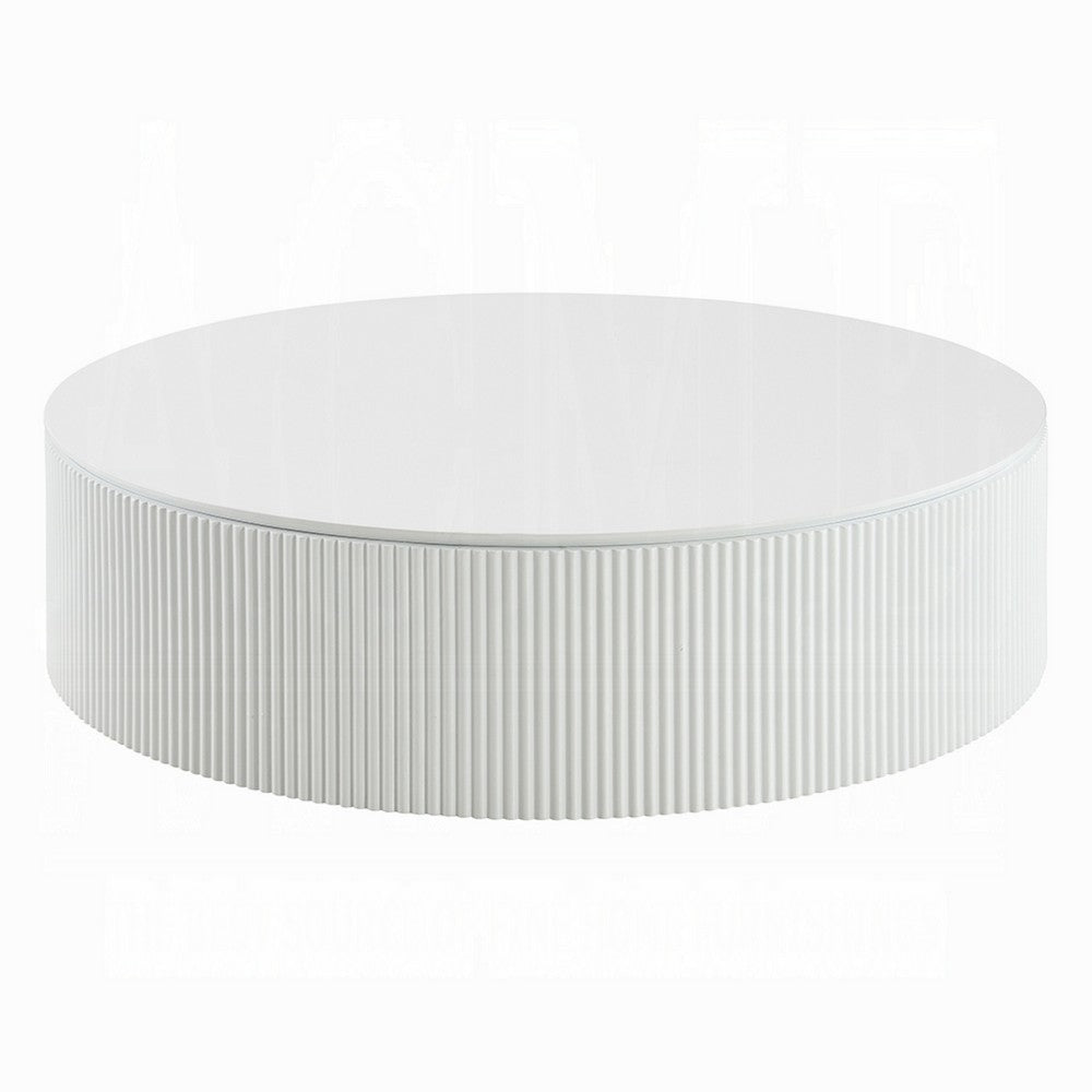 Del Modern Coffee Table, 47 Inch Round Top, Glossy White Ribbed Base - BM348550