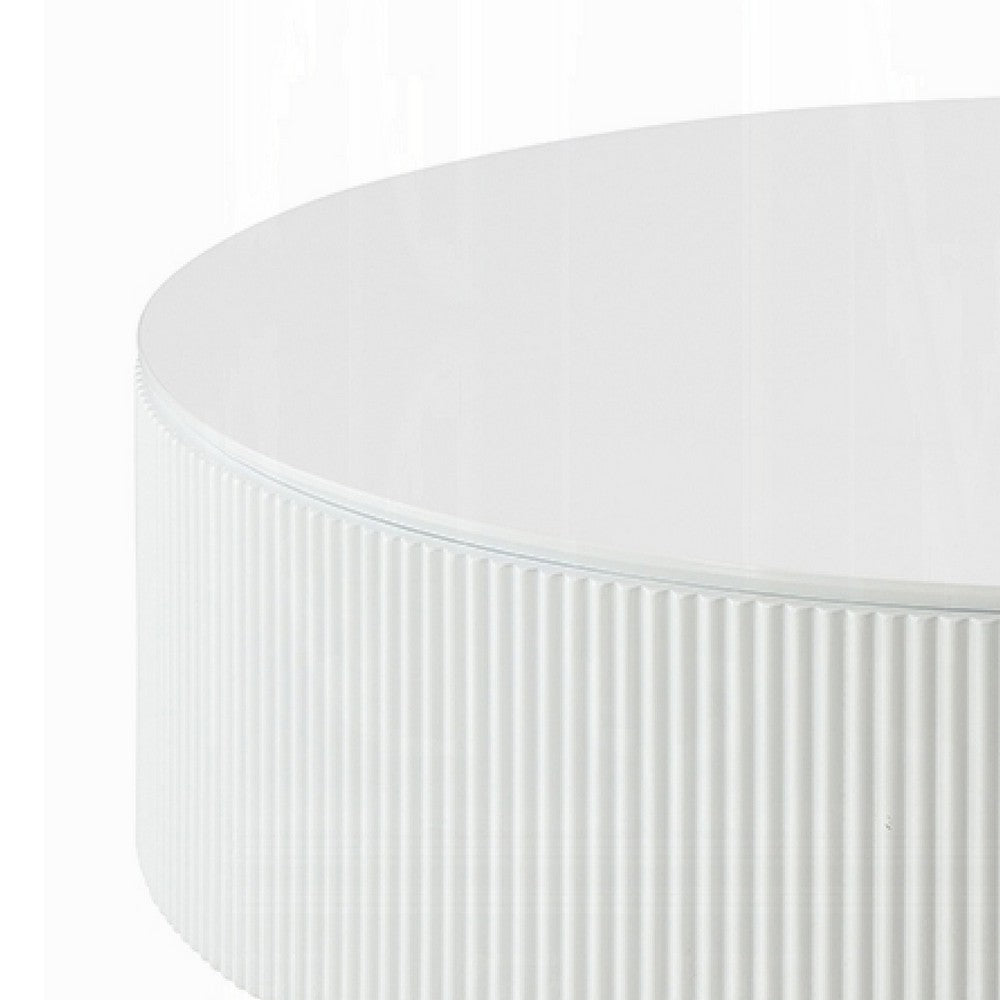Del Modern Coffee Table, 47 Inch Round Top, Glossy White Ribbed Base - BM348550